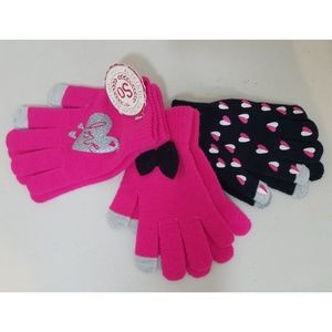 SO Girls Pink Black Hearts Touchscreen Gloves M/L